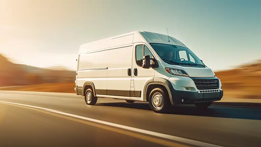 White Fiat Ducato van driving on an empty country road