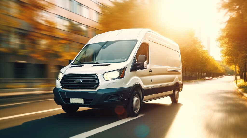 White Ford Transit van driving through a city